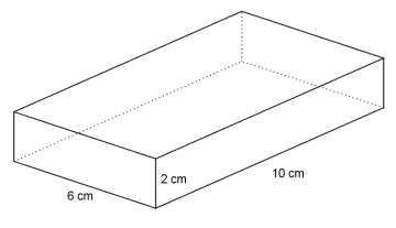 Rett, firkantet prisme med dimensjoner 10 cm, 6 cm og 2 cm.